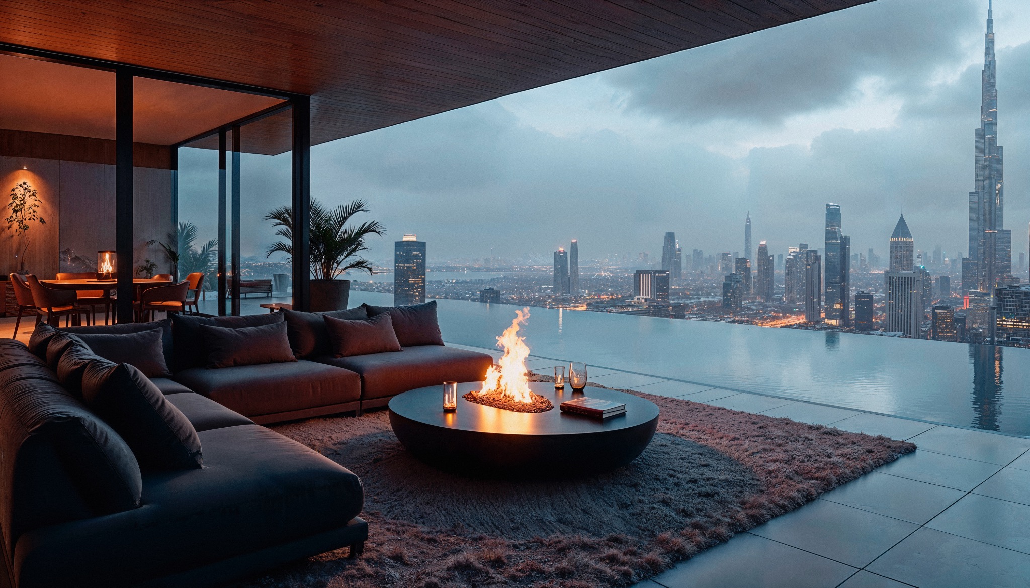 Penthouse-inspired living room with large windows